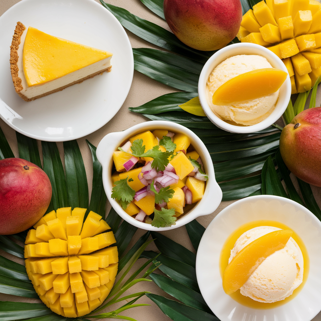 A variety of mango-based dishes including mango cheesecake, salsa, and sorbet, surrounded by fresh mangoes.