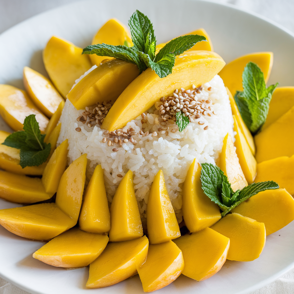 A plate of mango sticky rice garnished with toasted sesame seeds and fresh mint leaves. 
