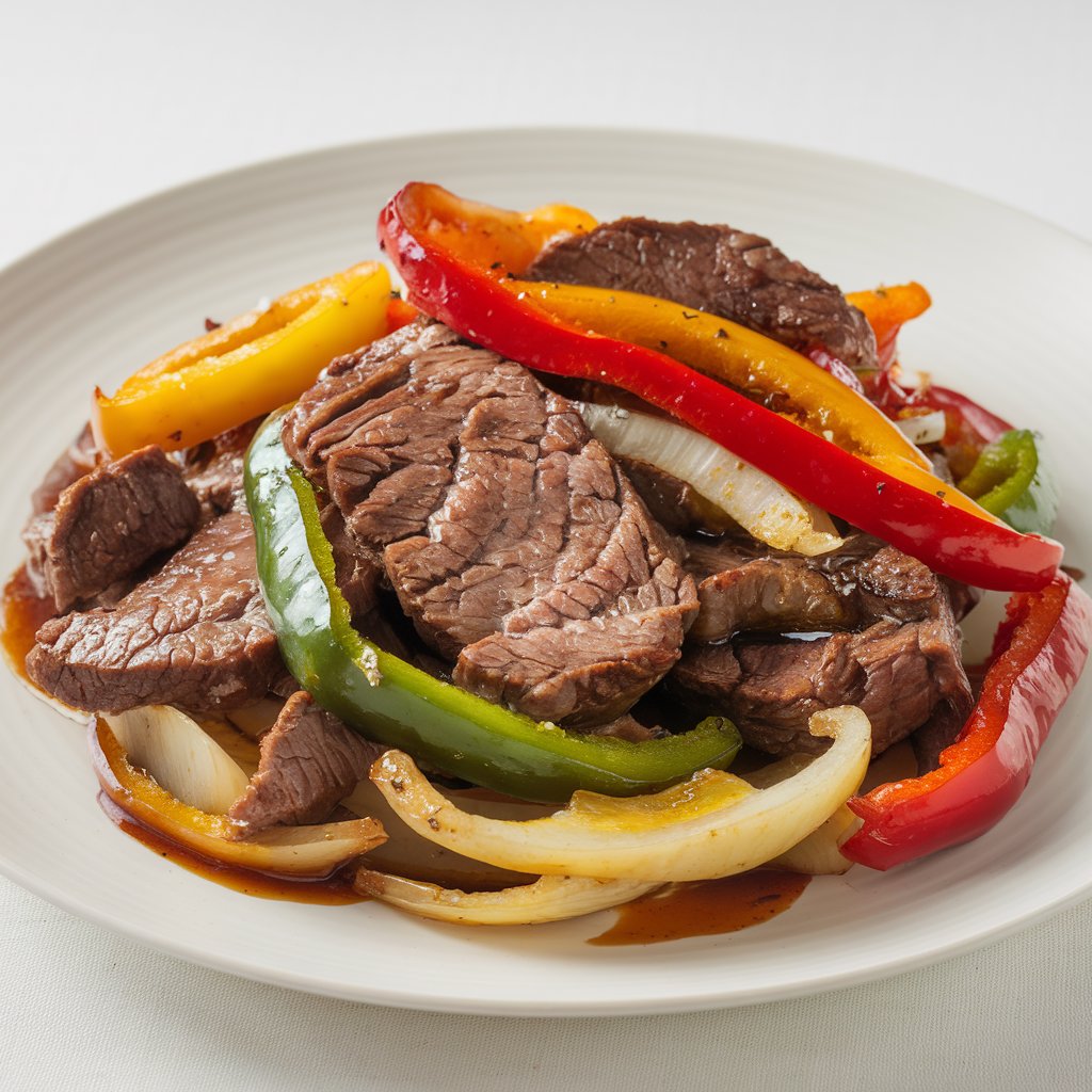 A plate of pepper beef stir-fry with juicy beef, colorful bell peppers, and onions in a glossy sauce.