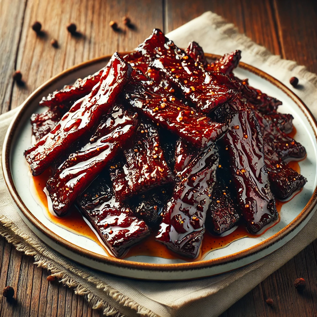 A plate of homemade Teriyaki Beef Jerky with glistening, marinated beef strips.