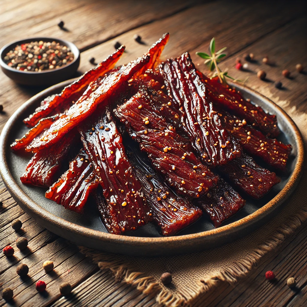 A plate of homemade Teriyaki Beef Jerky, showcasing tender, marinated beef strips.