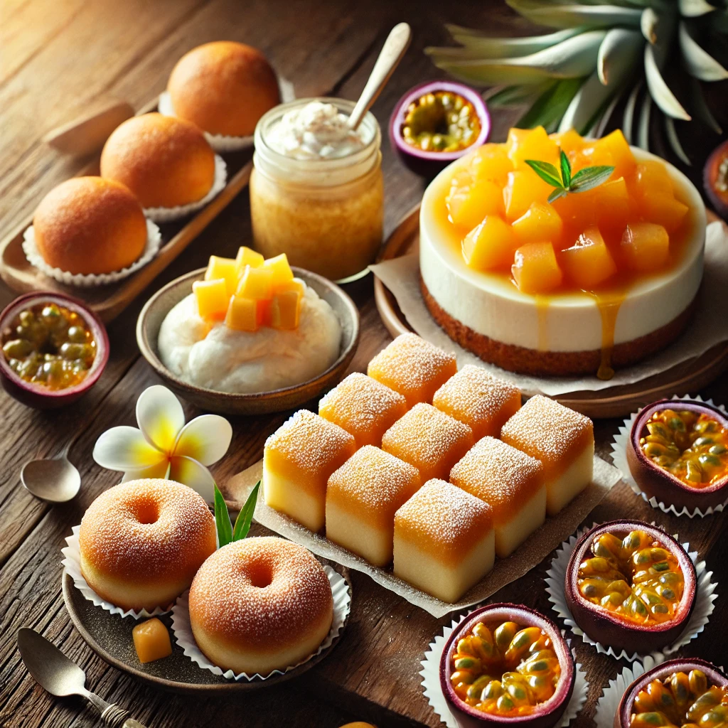 A variety of popular Hawaiian desserts including Haupia, Malasadas, and Lilikoi Cheesecake.