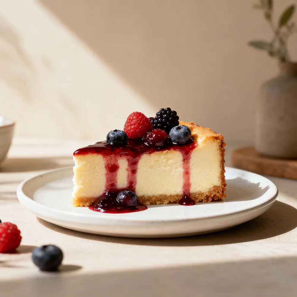 A slice of creamy cheesecake topped with mixed berry compote and fresh berries on a white plate under soft daylight.