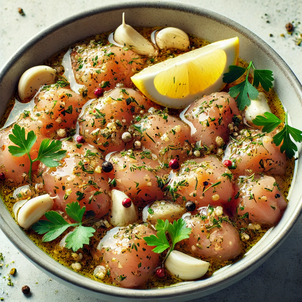 Diced chicken pieces marinating in a bowl with a mixture of olive oil, lemon juice, garlic, and herbs.
