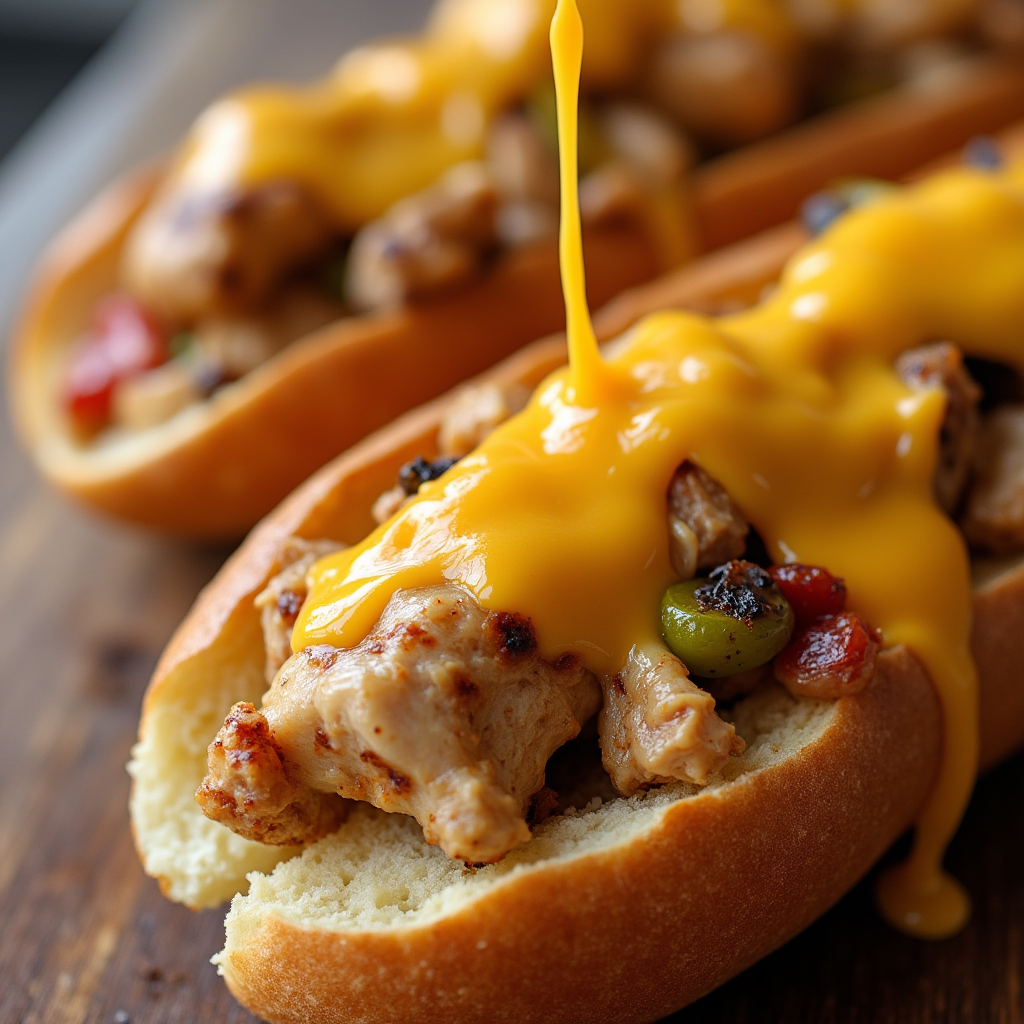 Cheese sauce being drizzled over a freshly cooked chicken cheesesteak with sautéed vegetables in a toasted roll.
