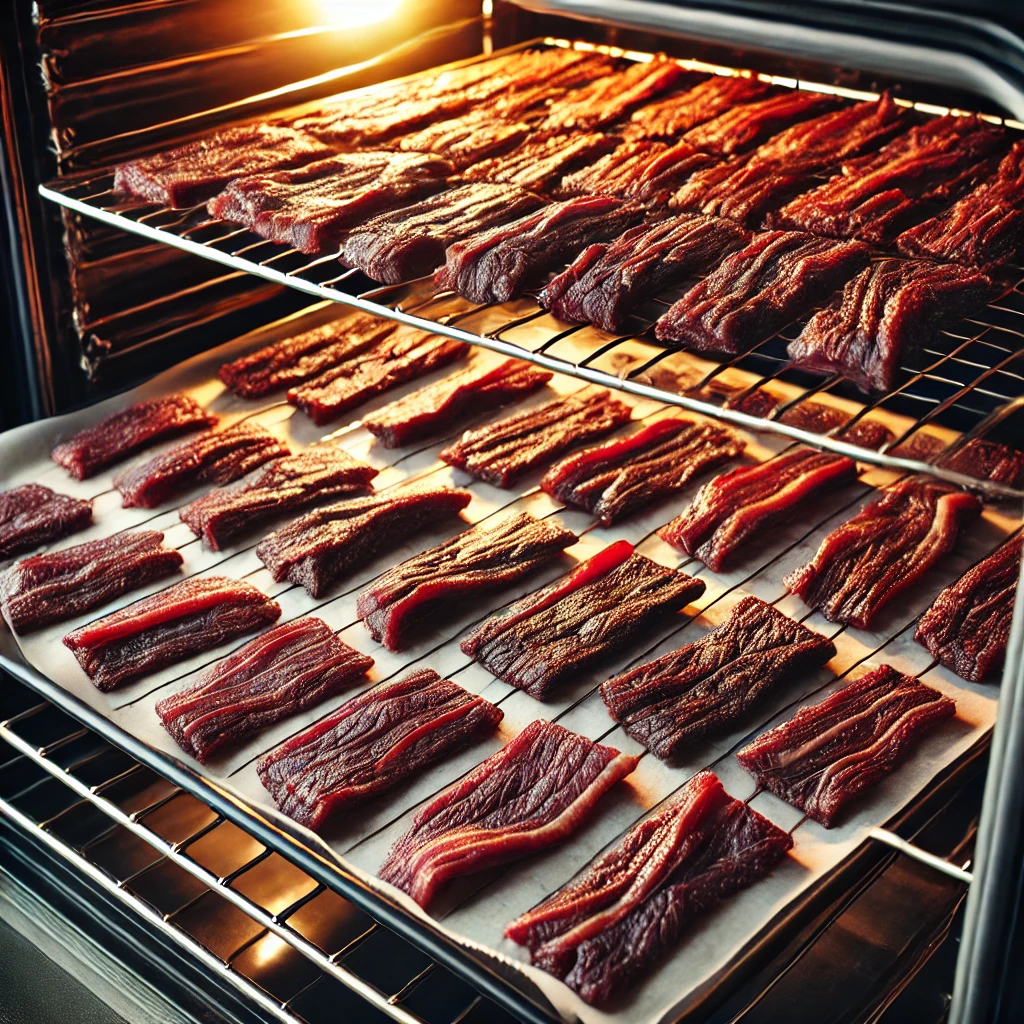 Beef strips arranged on a wire rack, drying in the oven to make jerky.
