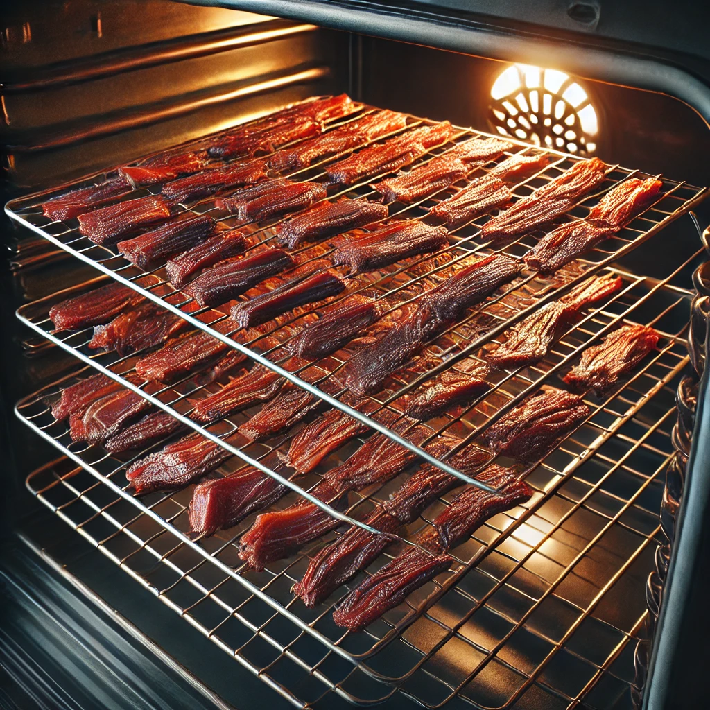 Beef strips arranged on a wire rack, drying in the oven to make jerky.
