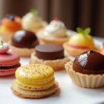 A beautifully arranged selection of fancy desserts, including macarons, chocolate domes, and fruit tarts, on a luxurious table setting.