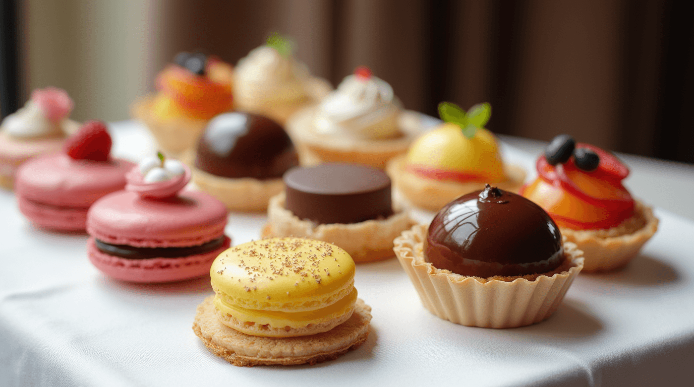 A beautifully arranged selection of fancy desserts, including macarons, chocolate domes, and fruit tarts, on a luxurious table setting.