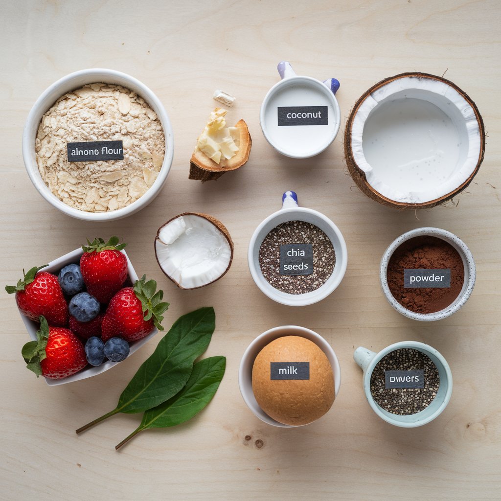 Flat lay of gluten and dairy-free baking ingredients like almond flour, coconut milk, cocoa powder, and chia seeds on a light wooden surface.