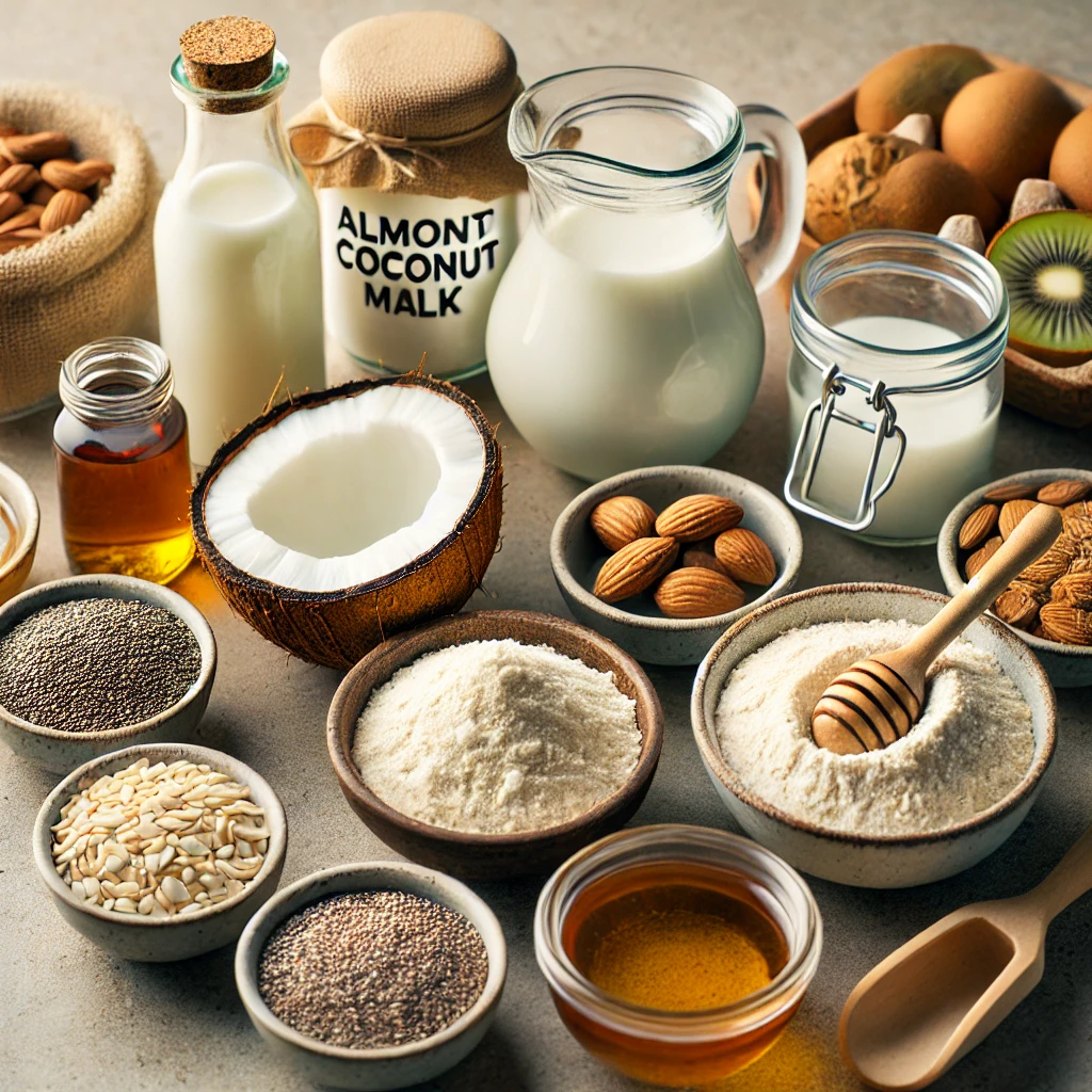 Key ingredients for gluten and dairy-free cooking, including almond flour, coconut milk, chia seeds, and maple syrup, neatly displayed on a countertop.
