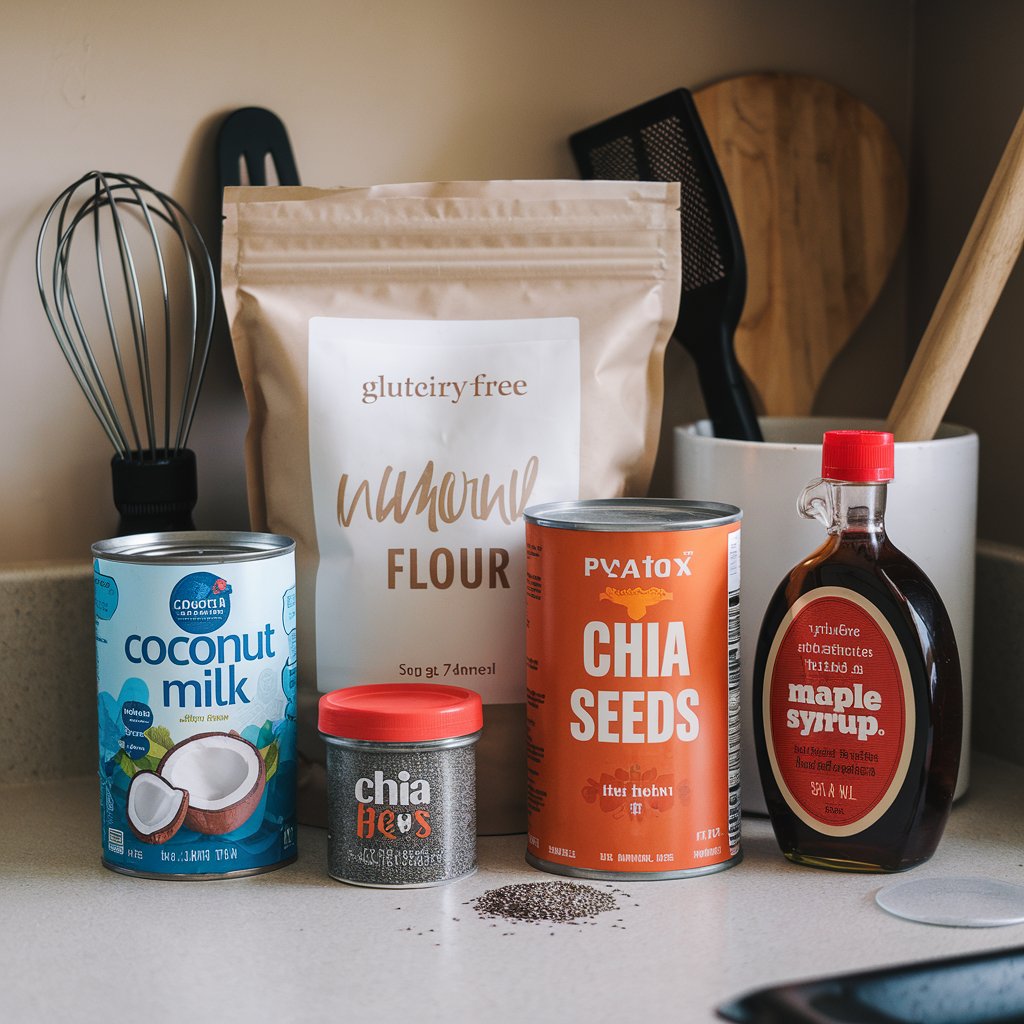 Key gluten and dairy-free ingredients, such as almond flour, coconut milk, chia seeds, and maple syrup, neatly arranged on a countertop.
