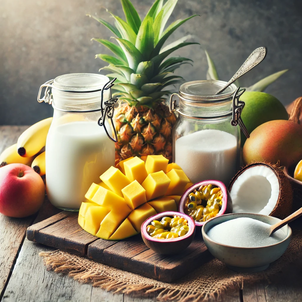 Coconut milk, sugar, and fresh tropical fruits on a kitchen counter. 
