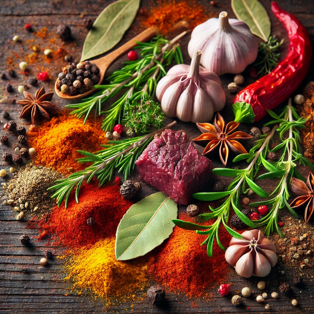 Close-up of bay leaves, thyme, rosemary, and peppercorns