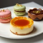 A plate of fancy desserts including macarons, crème brûlée, and a chocolate tart, elegantly presented with garnishes.