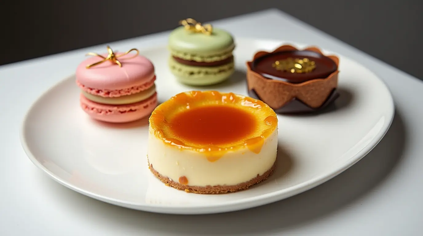 A plate of fancy desserts including macarons, crème brûlée, and a chocolate tart, elegantly presented with garnishes.