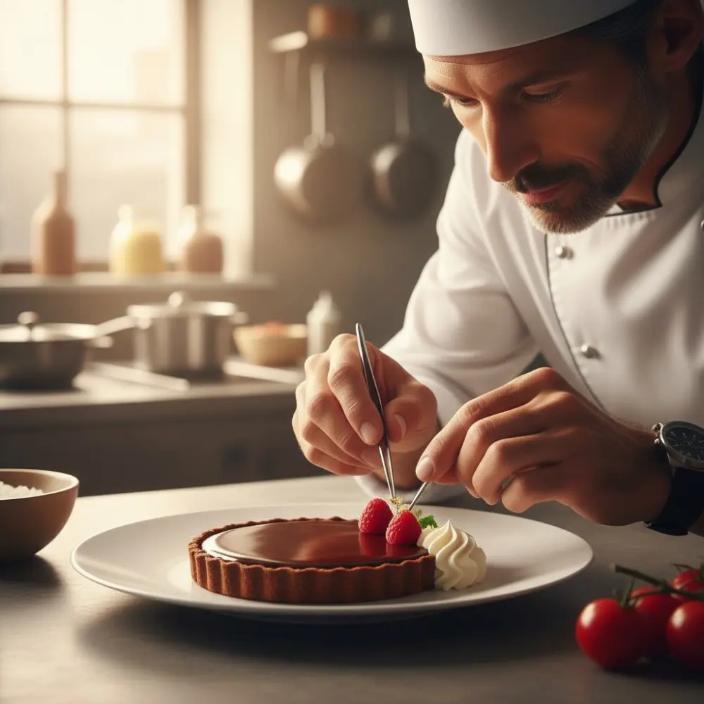A chef carefully decorating a chocolate tart with raspberries and whipped cream in a warmly lit kitchen.