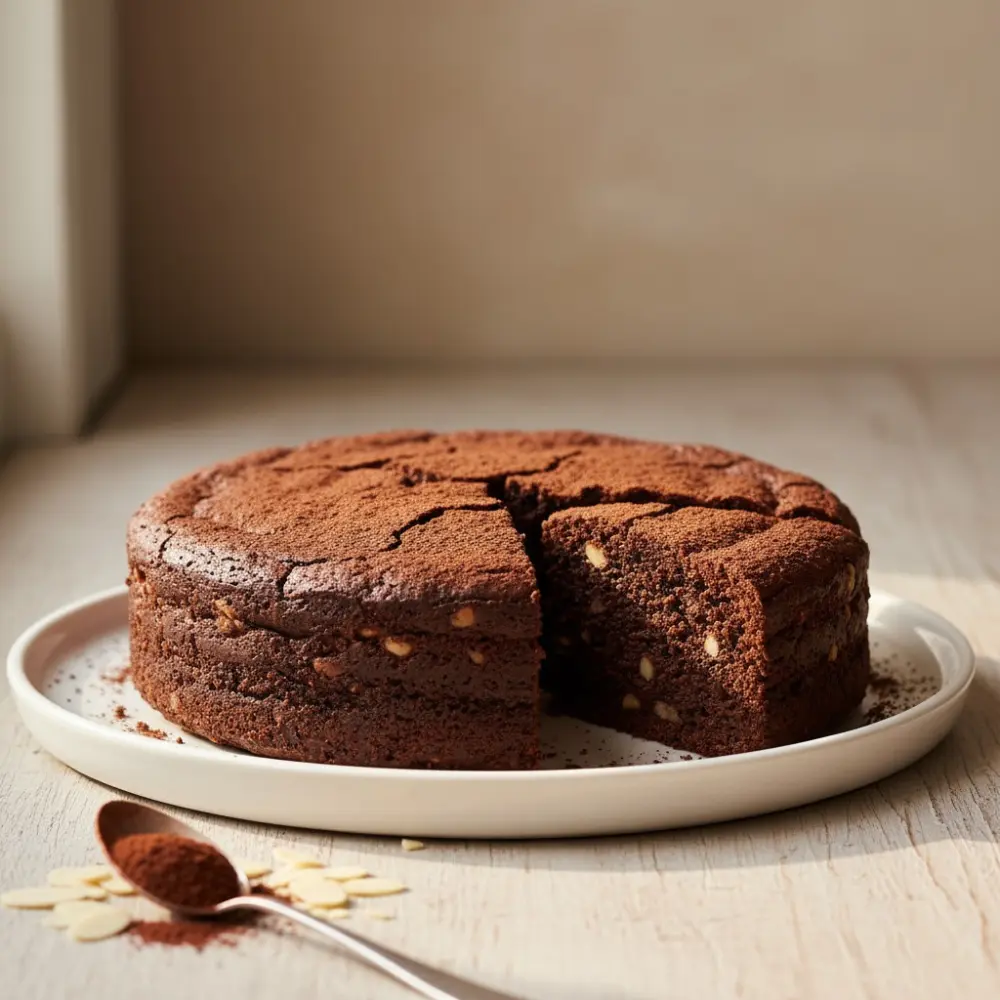 A dense flourless almond chocolate cake on a white plate, dusted with cocoa powder and a slice cut out to reveal the fudgy center.