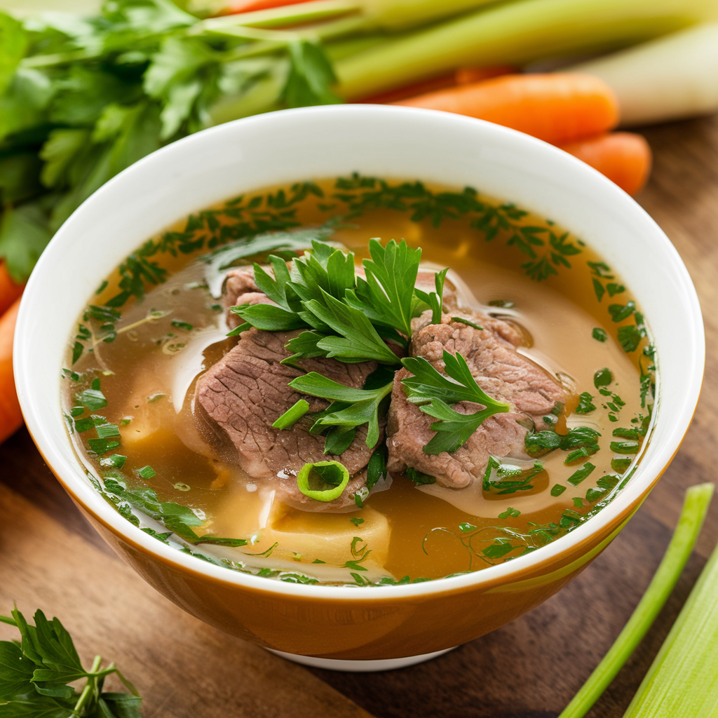 A bowl of beef broth surrounded by fresh vegetables and herbs.