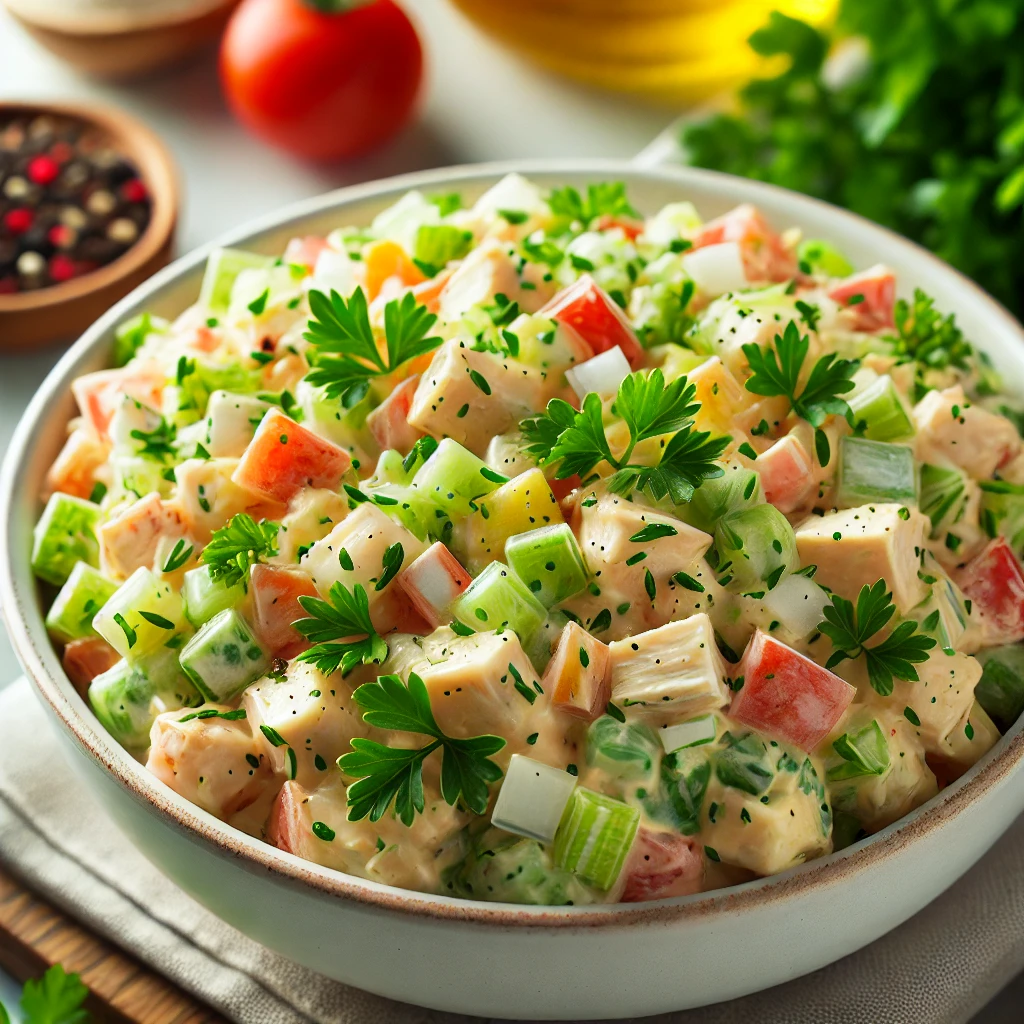 Fresh chicken salad with vegetables like celery and onions, mixed with creamy mayonnaise.