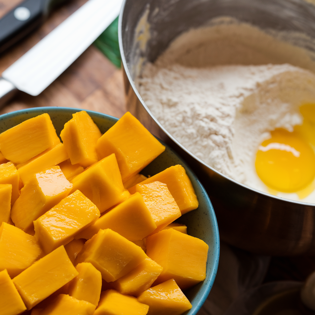 Diced mangoes in a bowl beside muffin batter, ready for baking.
