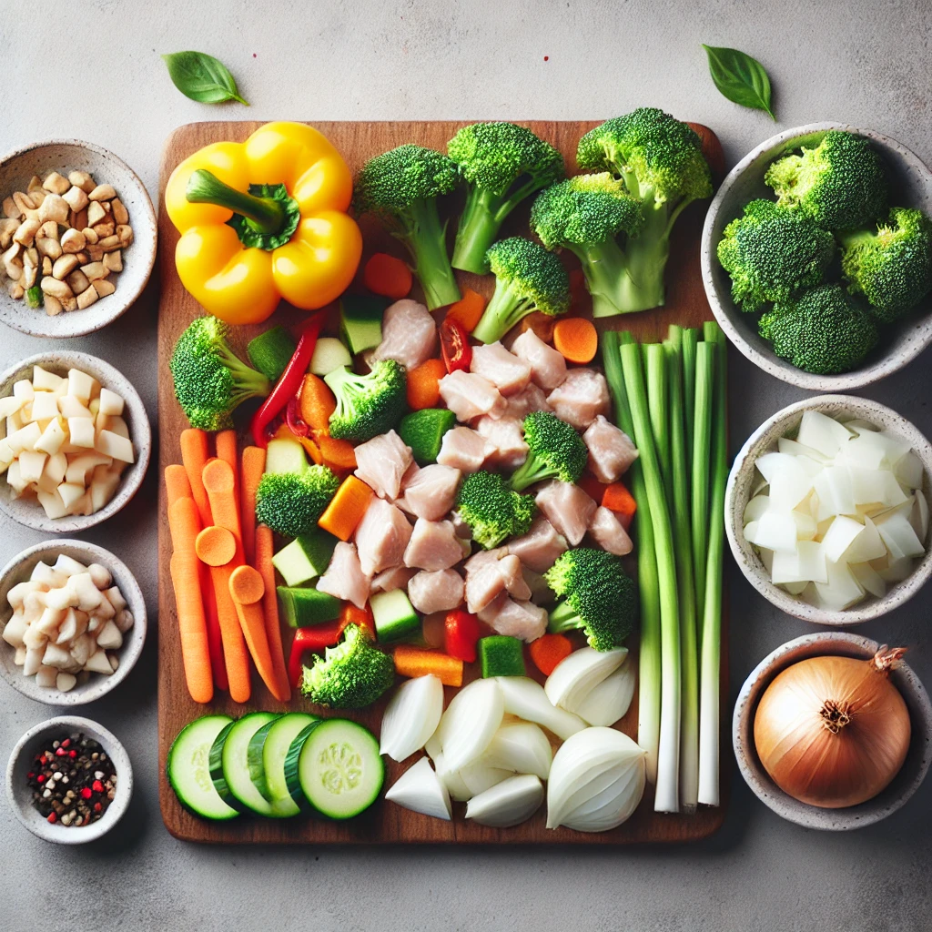 Freshly diced chicken, bell peppers, onions, and garlic neatly arranged on a cutting board.