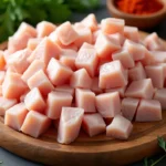 Freshly cubed chicken pieces on a wooden cutting board with herbs and spices, perfect for cubed chicken recipes.