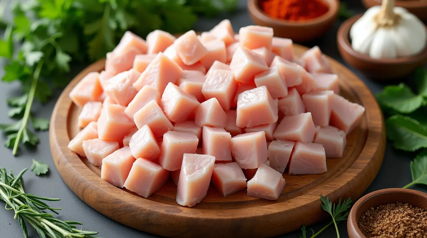 Freshly cubed chicken pieces on a wooden cutting board with herbs and spices, perfect for cubed chicken recipes.