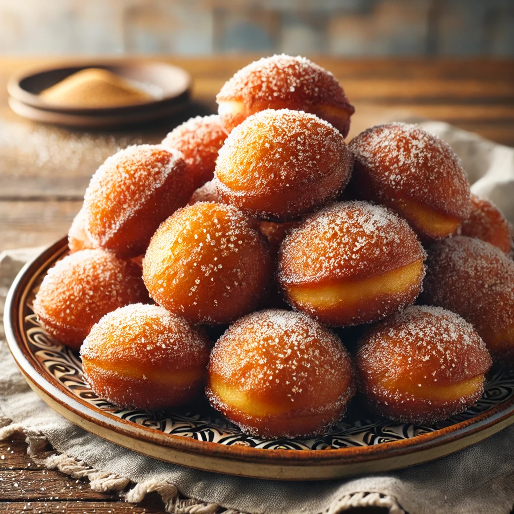 A plate of freshly made Hawaiian Malasadas dusted with sugar.
