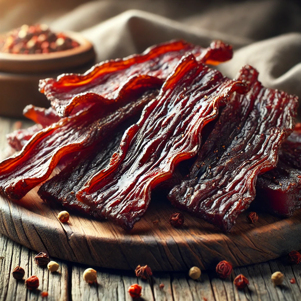 A close-up shot of freshly made Teriyaki Beef Jerky strips on a wooden board.