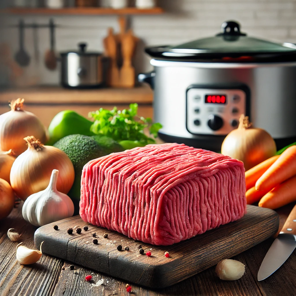 A block of frozen ground beef on a cutting board, with a slow cooker and vegetables in the background.