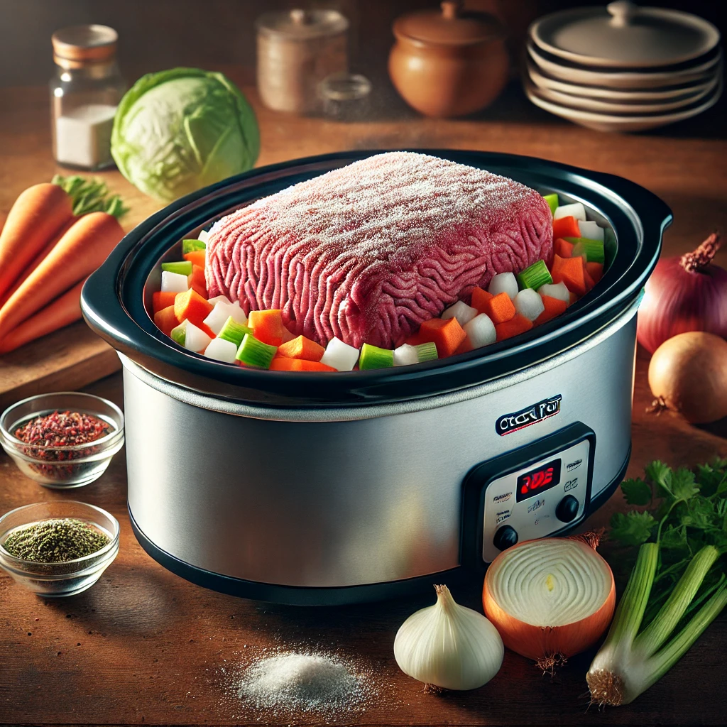 Frozen ground beef in a crock pot with fresh vegetables and seasonings.