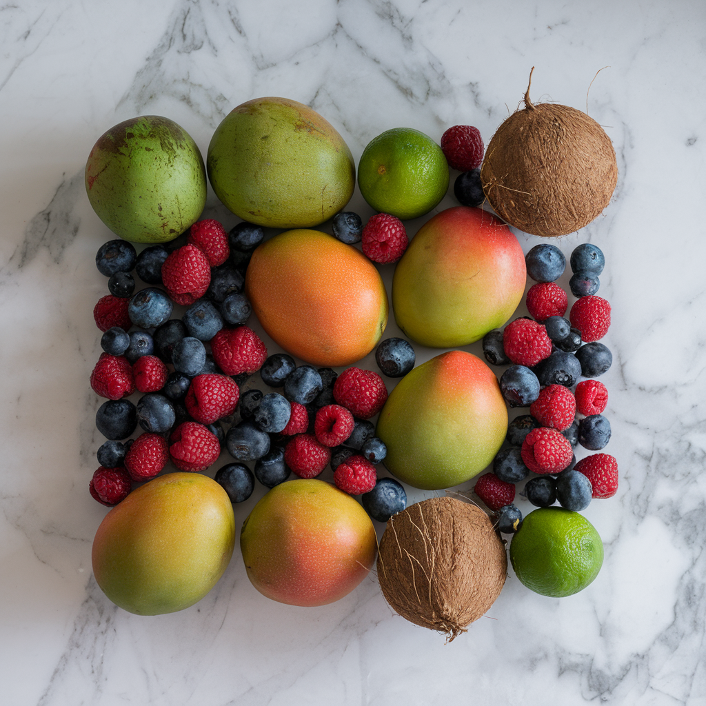 Fresh mangoes, coconuts, berries, and limes arranged on a marble countertop.
