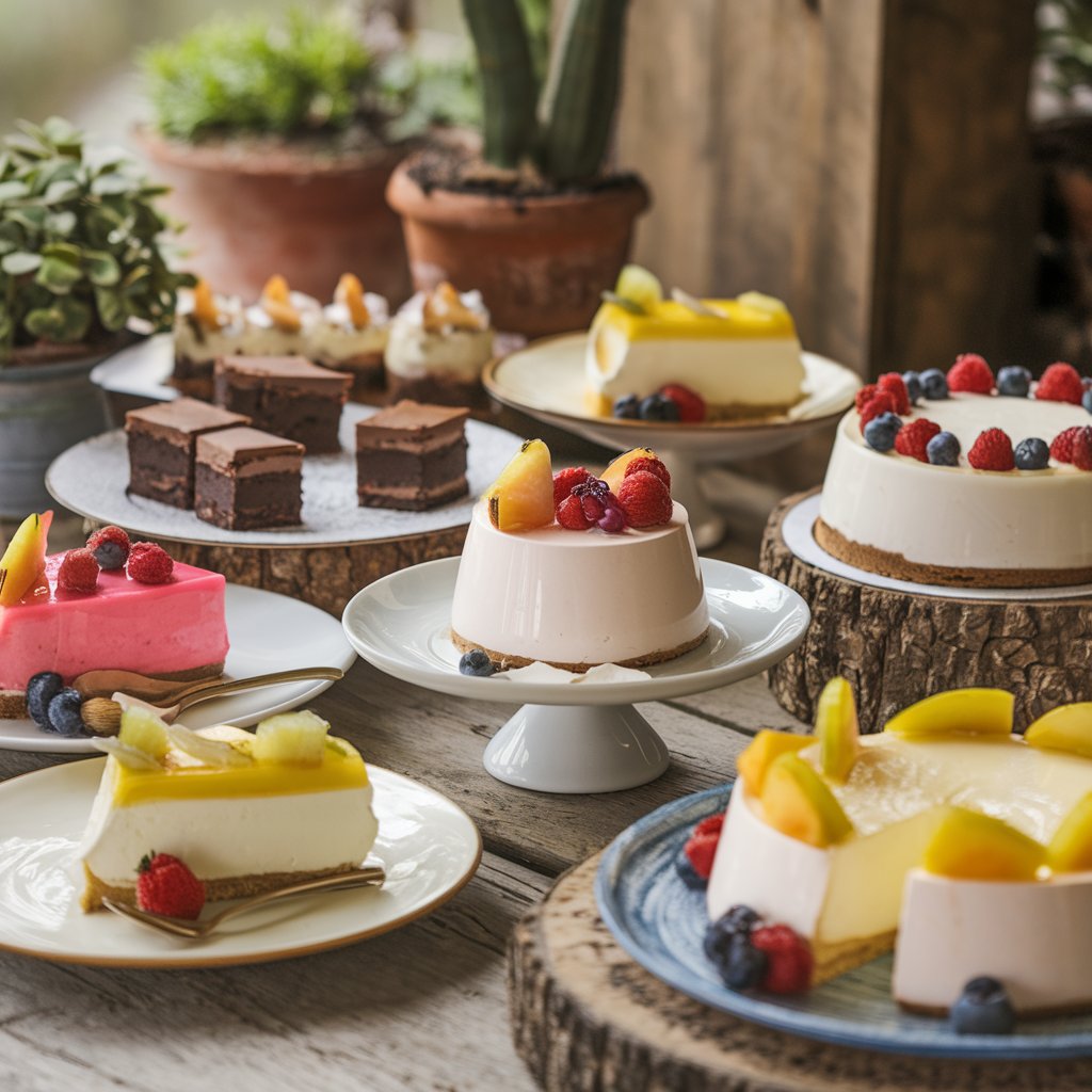 Assorted gluten and dairy-free desserts including brownies, cheesecake, panna cotta, and mousse beautifully arranged on a wooden table.