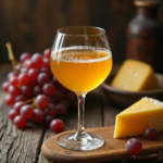 A glass of golden dessert wine on a rustic wooden table surrounded by fresh grapes and a plate of cheese.