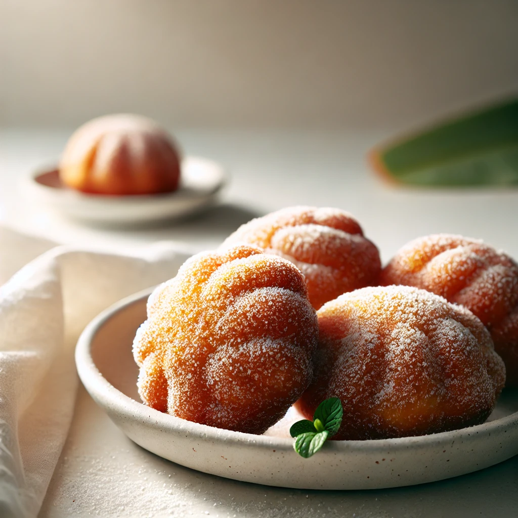 Freshly made golden malasadas dusted with sugar on a white plate. 
