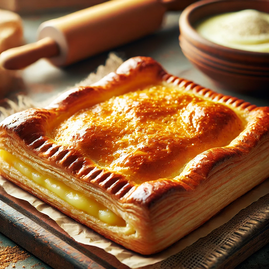 Freshly baked golden puff pastry filled with a creamy, rich filling, showing the flaky layers and crisp edges.