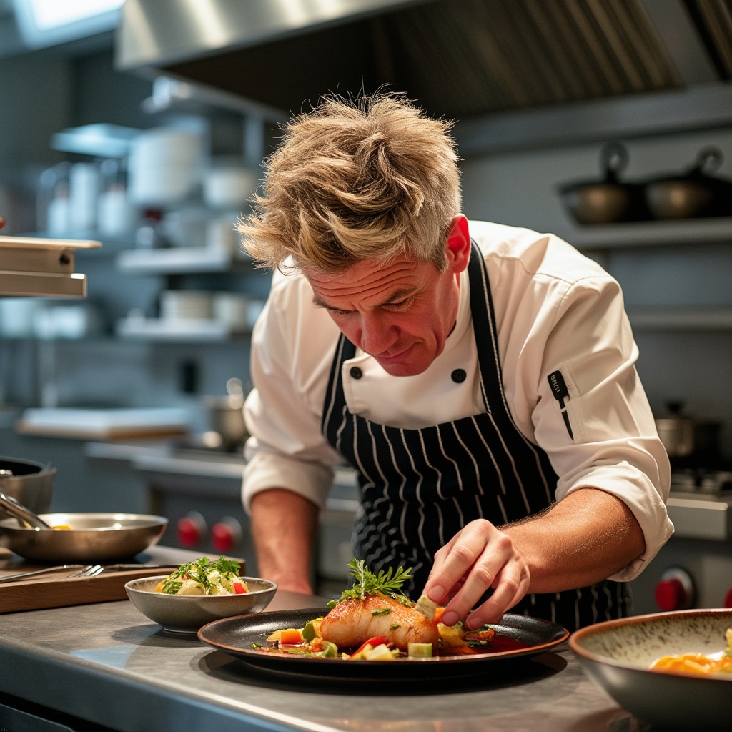 Chef Gordon Ramsay in a professional kitchen holding a pan
