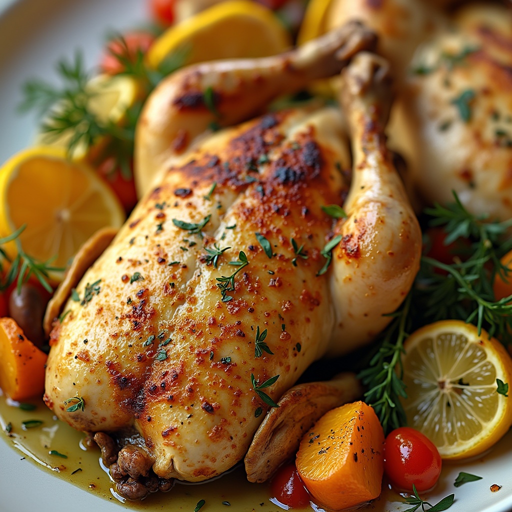 Gordon Ramsay-style lemon herb chicken plated with roasted vegetables and lemon slices