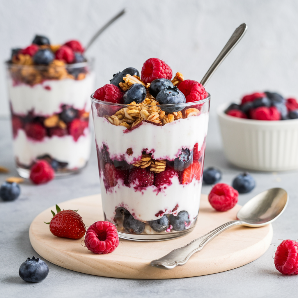 A colorful and healthy bowl of Greek yogurt parfait with berries and granola.