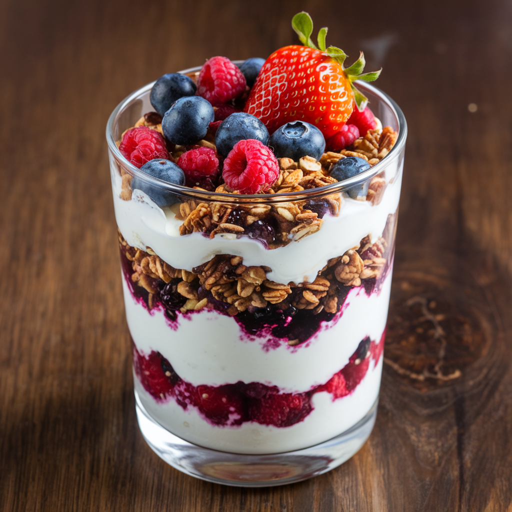 Greek yogurt parfait with granola and fresh berries in a glass.
