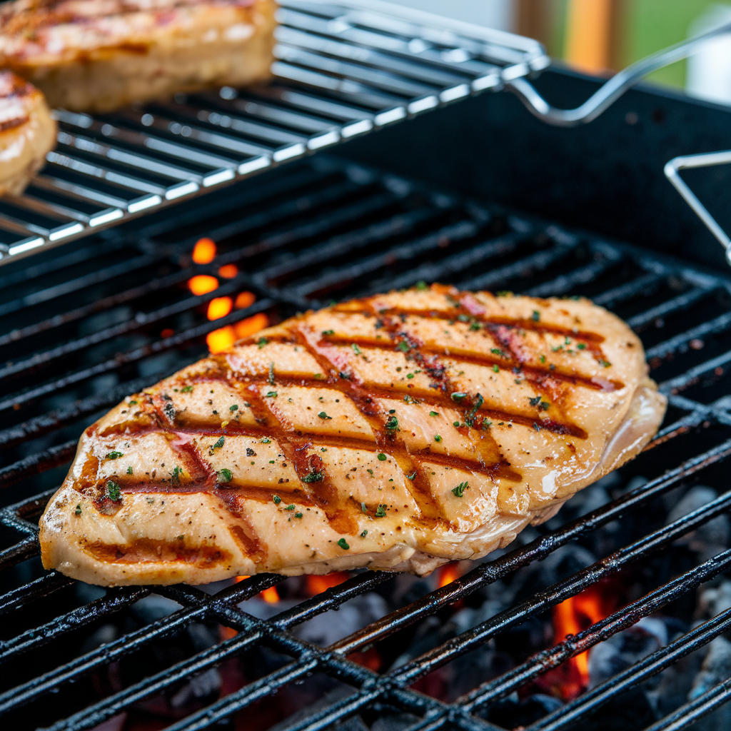 Grilled Thin Cut Chicken Breast on the grill with seasoning