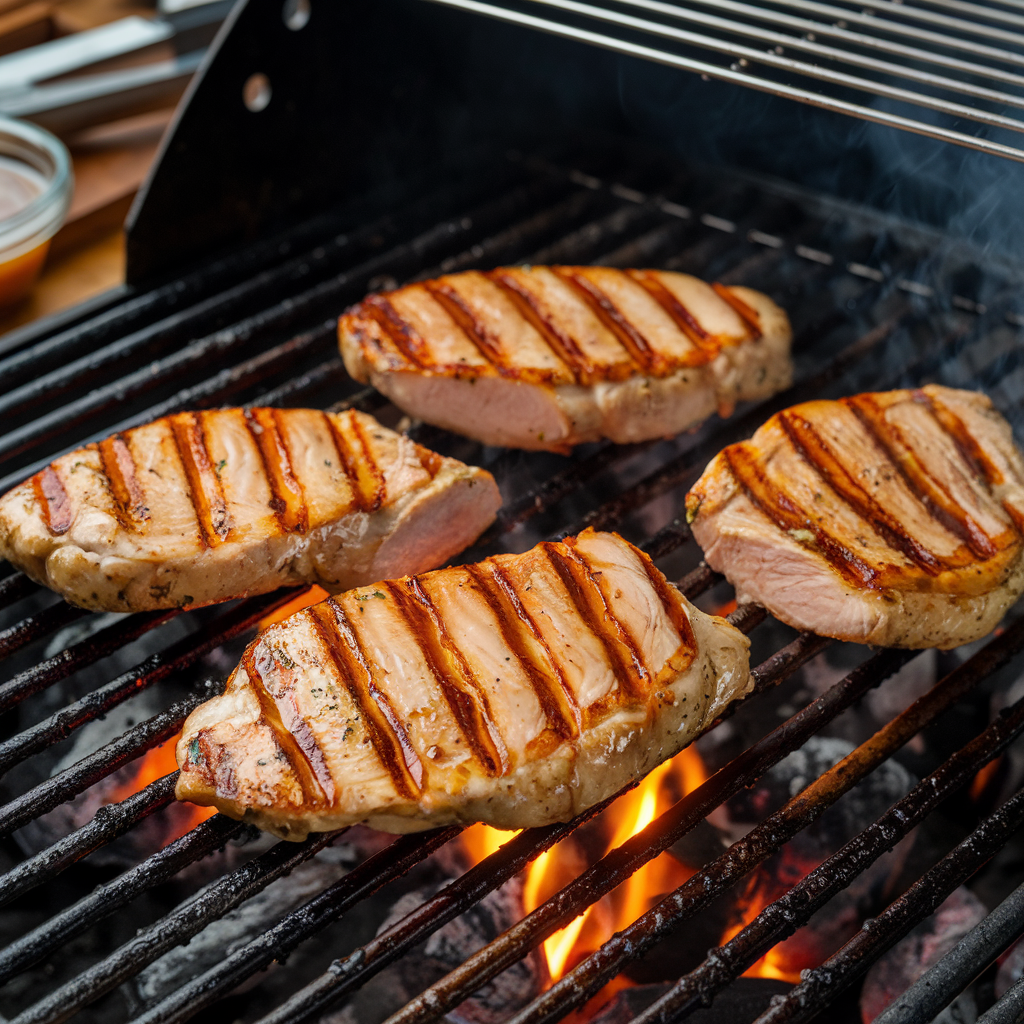 Grilled thin cut chicken breast on a barbecue grill
