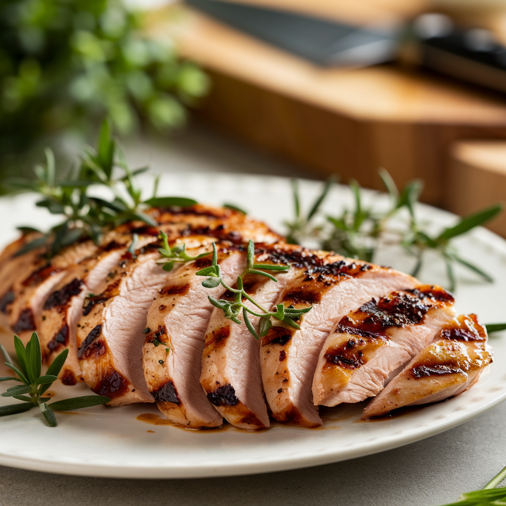 Grilled thin cut chicken breast with fresh herbs
