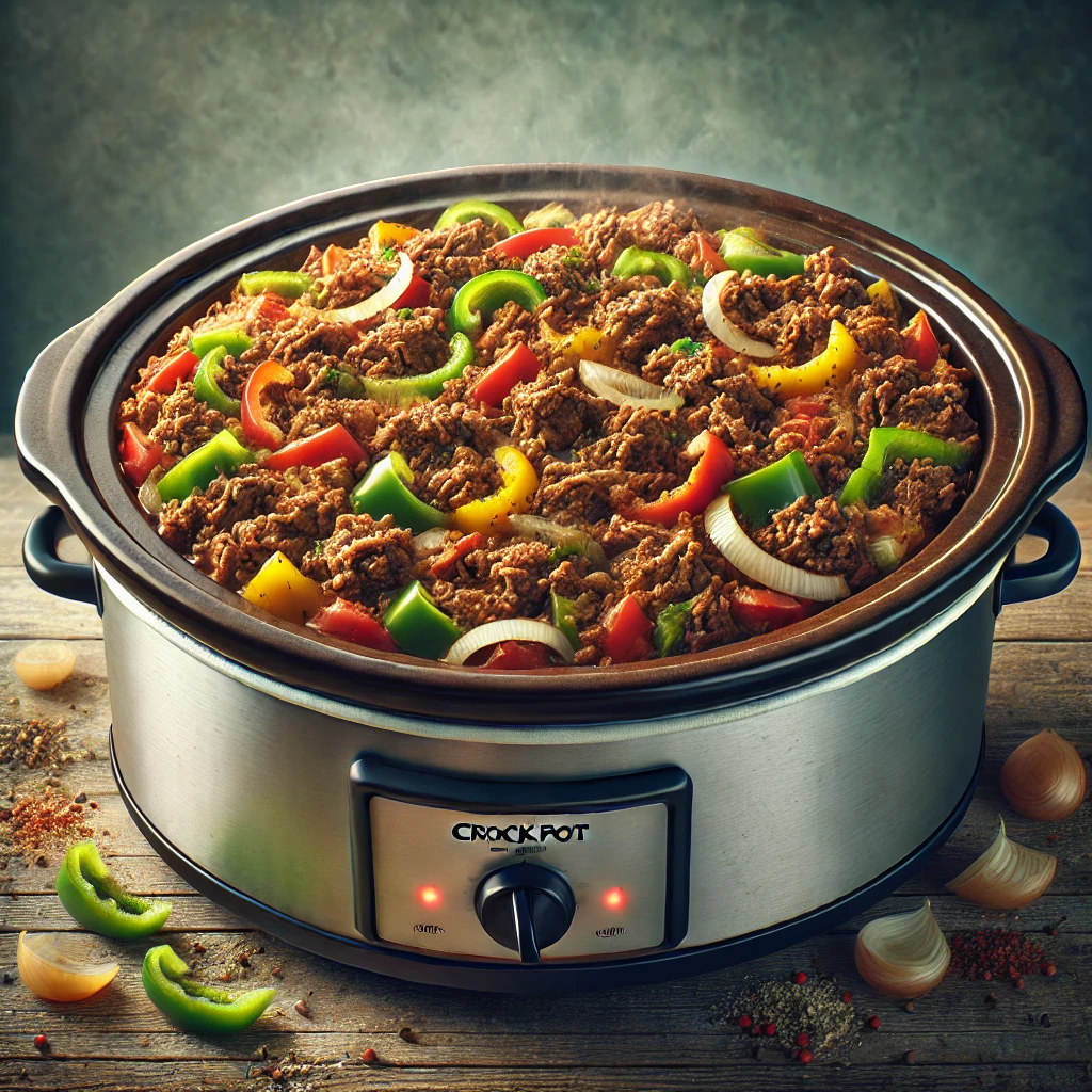 Ground beef cooking in a crock pot with vegetables