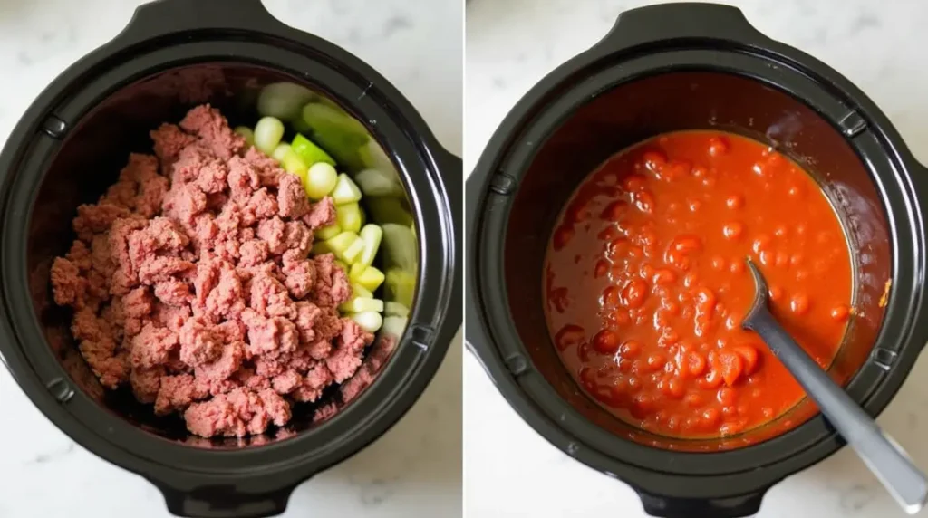 Crock pot with ground beef, vegetables, and tomato sauce ready to cook.