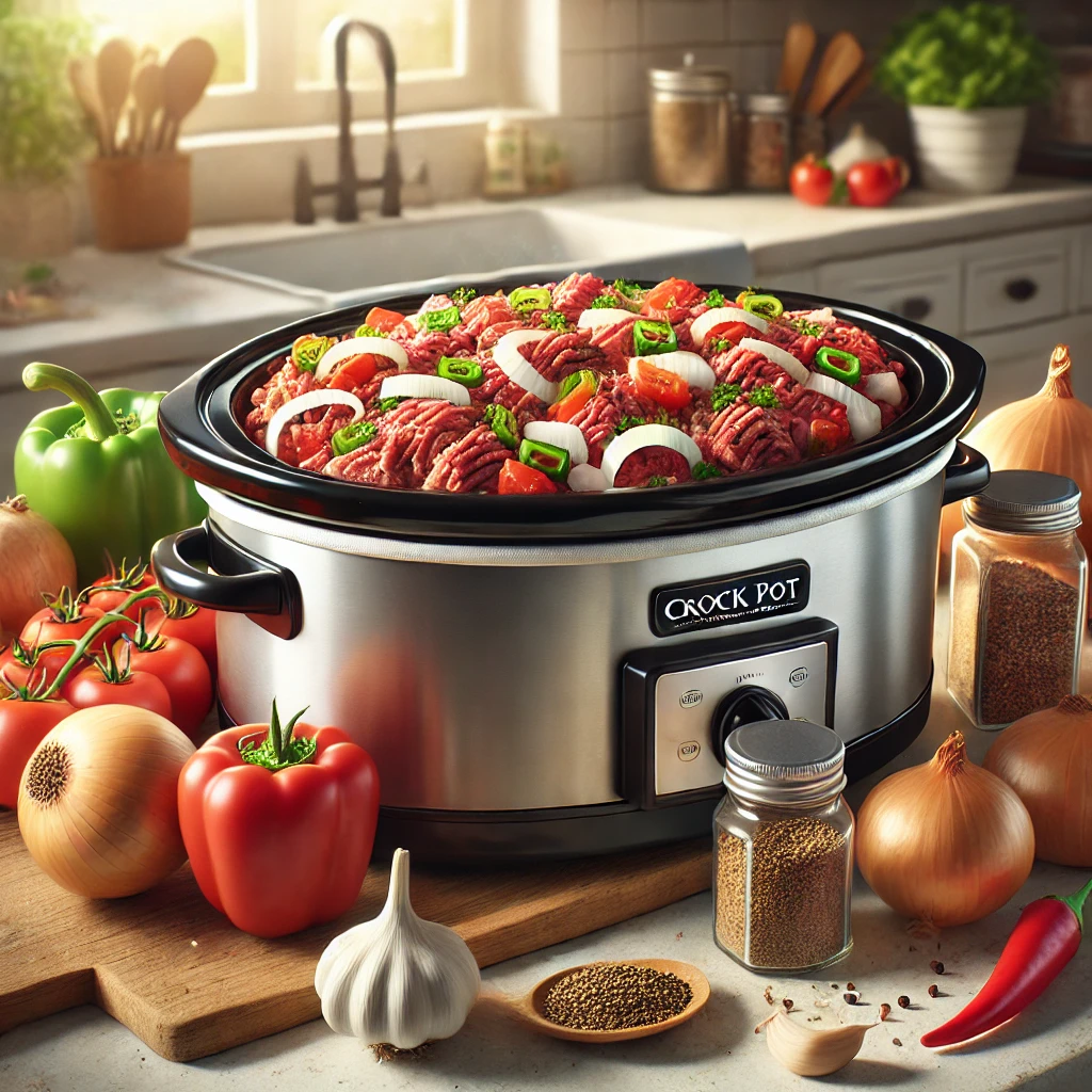 Crock pot with ground beef, vegetables, and tomato sauce ready to cook.