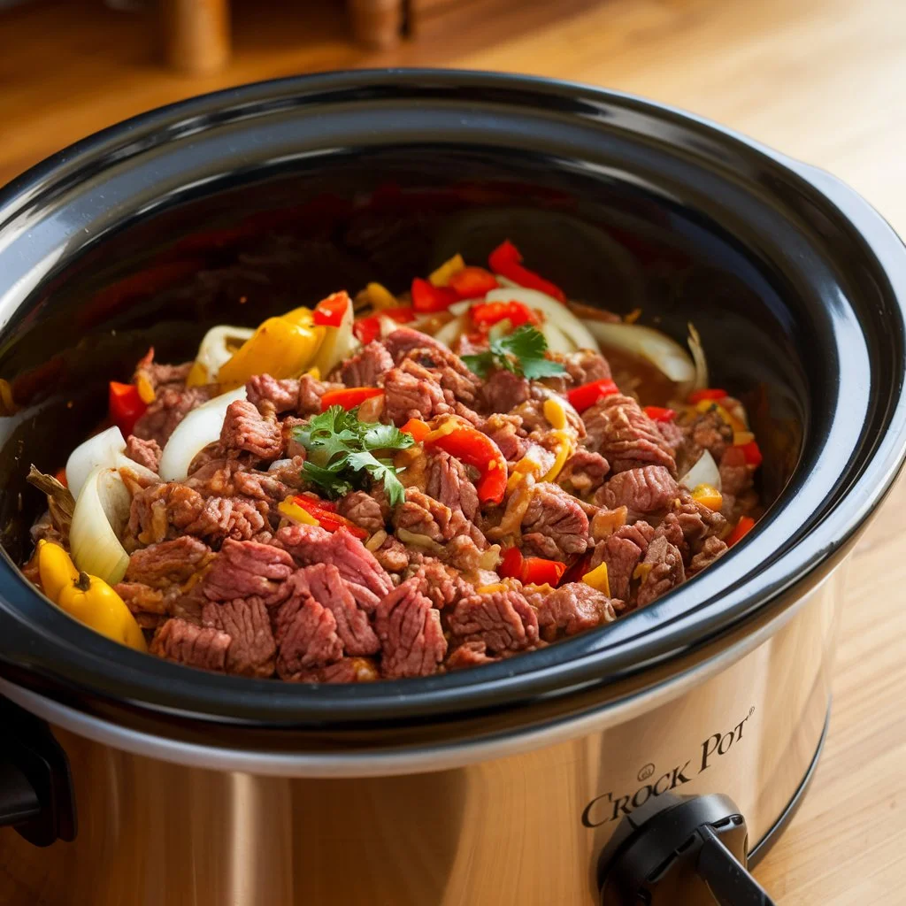 Ground beef cooking in a crock pot with vegetables and seasonings.