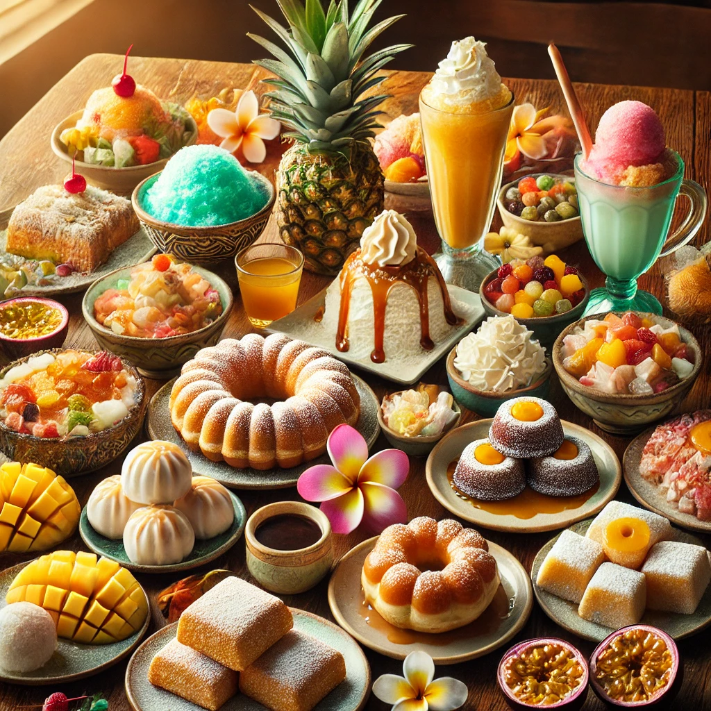 An assortment of Hawaiian desserts, including Pineapple Upside-Down Cake, Haupia, and Malasadas.