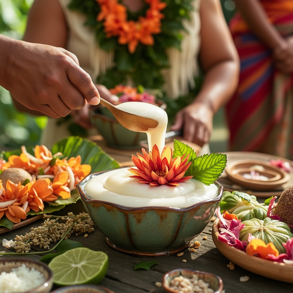 Haupia served at a Hawaiian luau, highlighting its role in traditional celebrations. 